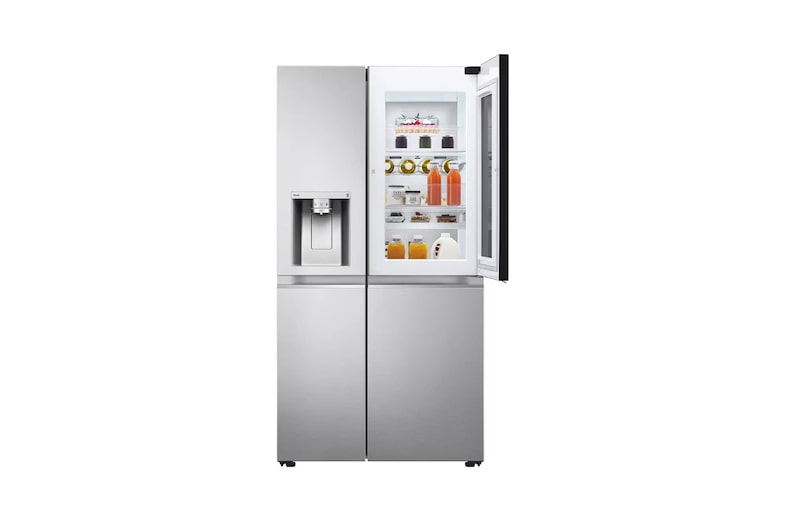 Vista frontal puerta abierta Nevecon Side By Side InstaView Door-In-Door LG GS66SXSC